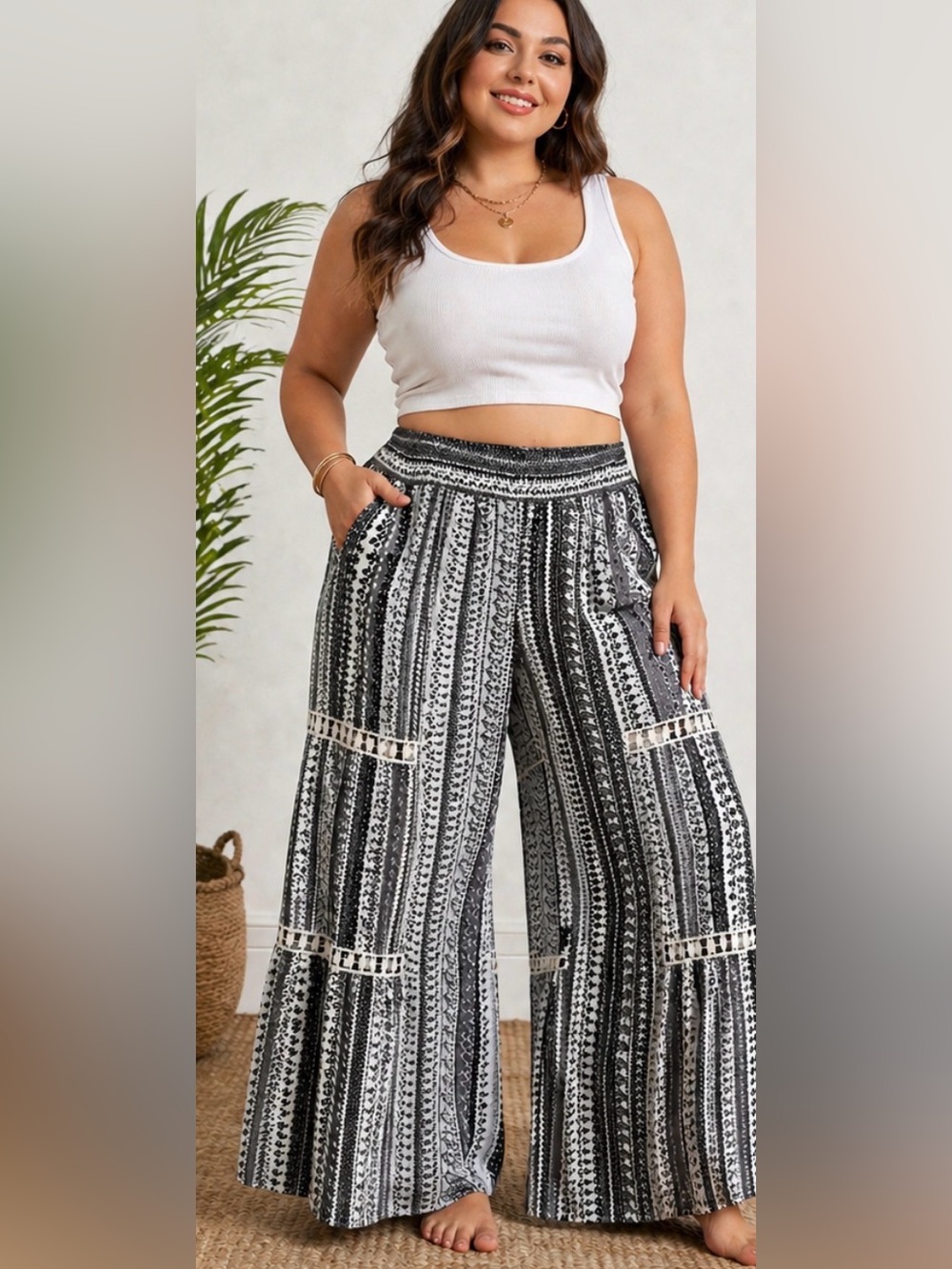 Love Wish Wide Leg Crochet Panel Palazzo Pants XL Boho Festival High Rise
